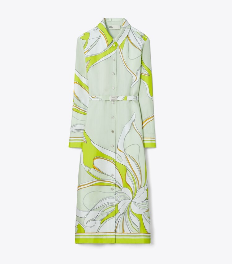 Tory Burch designer ドレス プリント シルク シャツドレス in Chartreuse Twisty Flower front