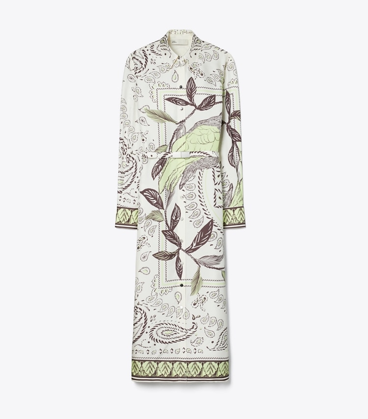 Tory Burch designer dresses Printed Silk Shirtdress in Mint Cockatoo front