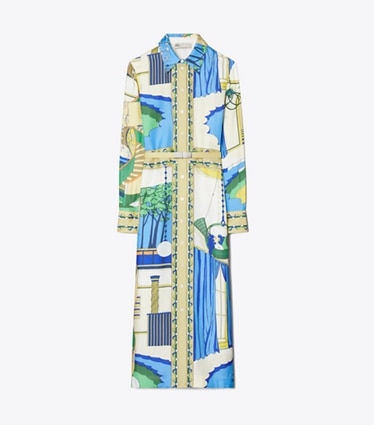 Tory Burch designer dresses Printed Silk Shirtdress in Green Pool front