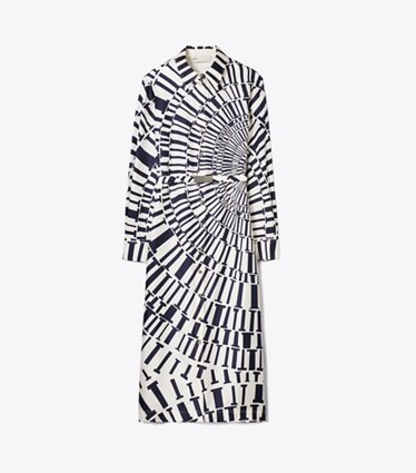 Tory Burch designer dresses Printed Silk Shirtdress in Medium Navy Circle T front