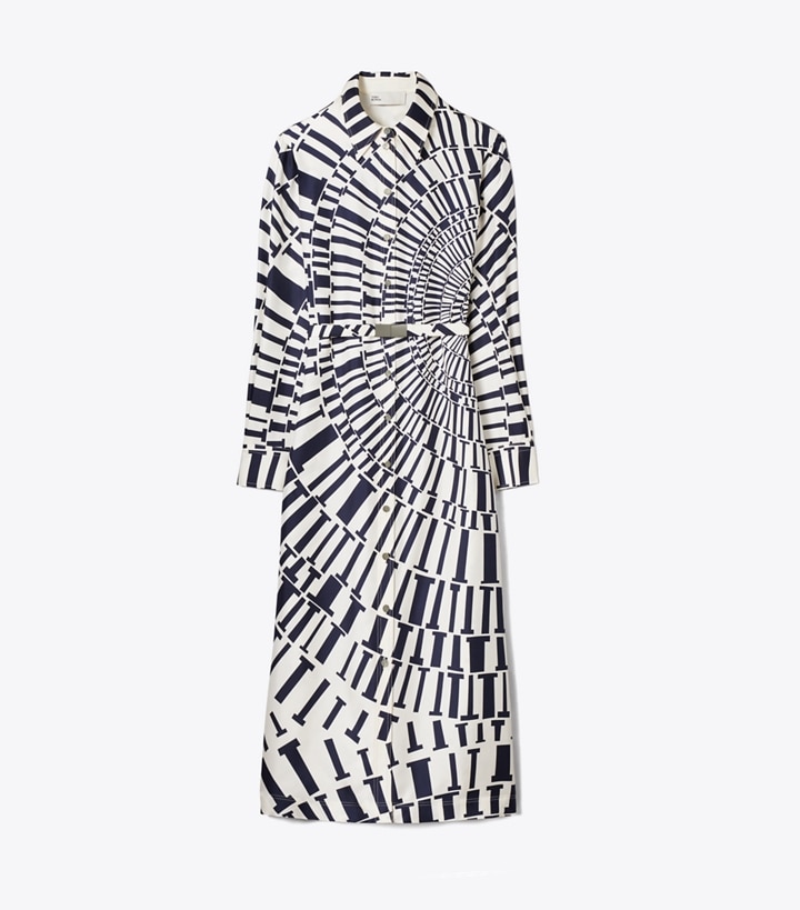 Tory Burch designer dresses Printed Silk Shirtdress in Medium Navy Circle T front