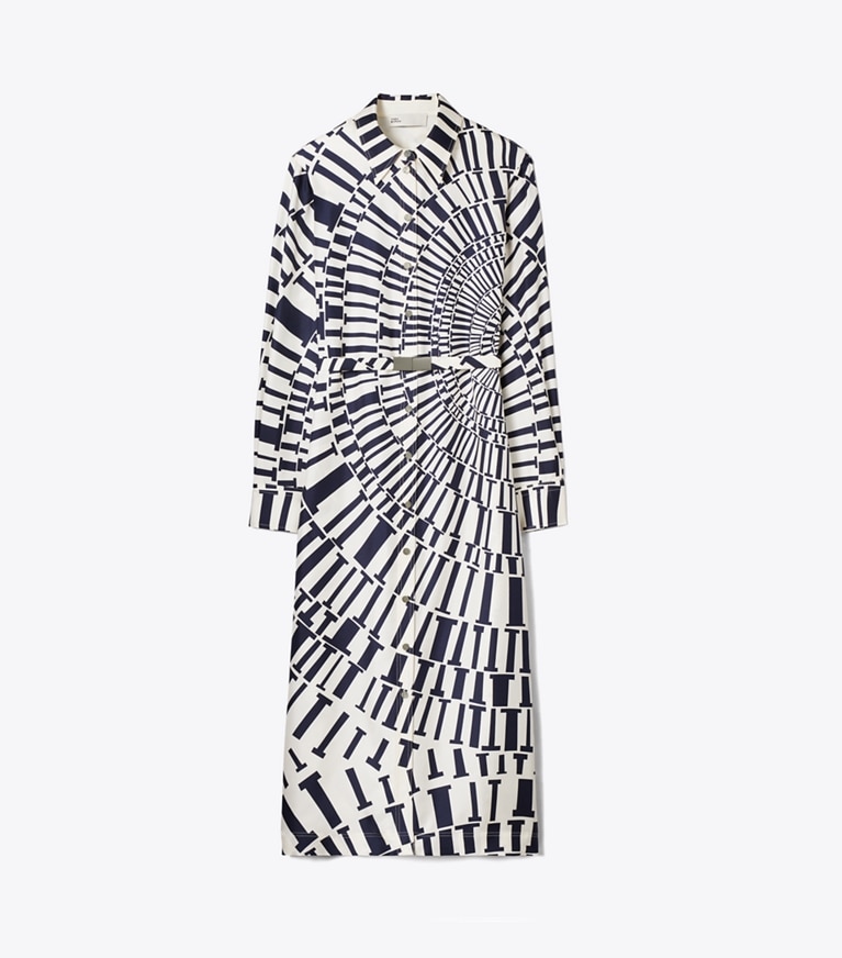 Tory Burch designer dresses Printed Silk Shirtdress in Medium Navy Circle T front