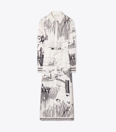 Tory Burch designer dresses Printed Silk Shirtdress in Ivory Forest front