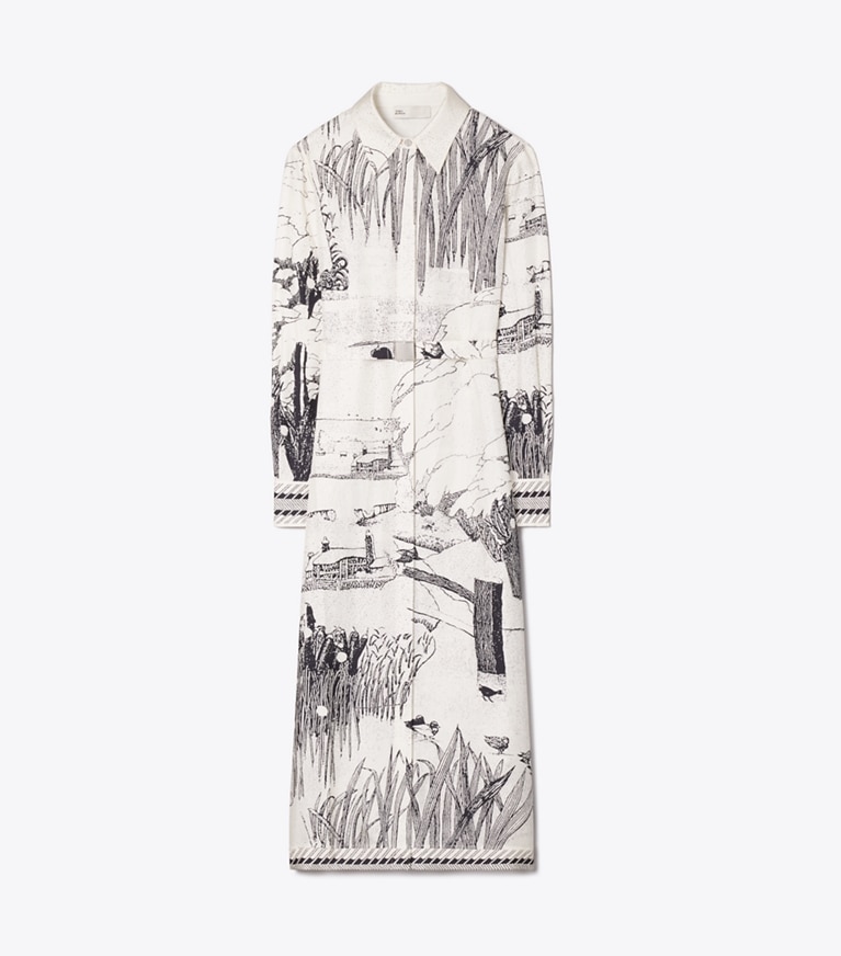 Tory Burch designer dresses Printed Silk Shirtdress in Beige Forest front