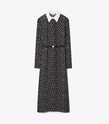 Tory Burch designer dresses Printed Silk Shirtdress in Black Dot front