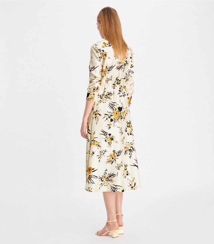 Tory Burch designer dresses Printed Silk Shirtdress in French Cream Multi on model back