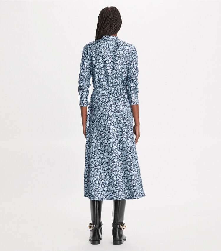 Tory Burch designer dresses Printed Silk Shirtdress in Blue Archive Ditsy on model back