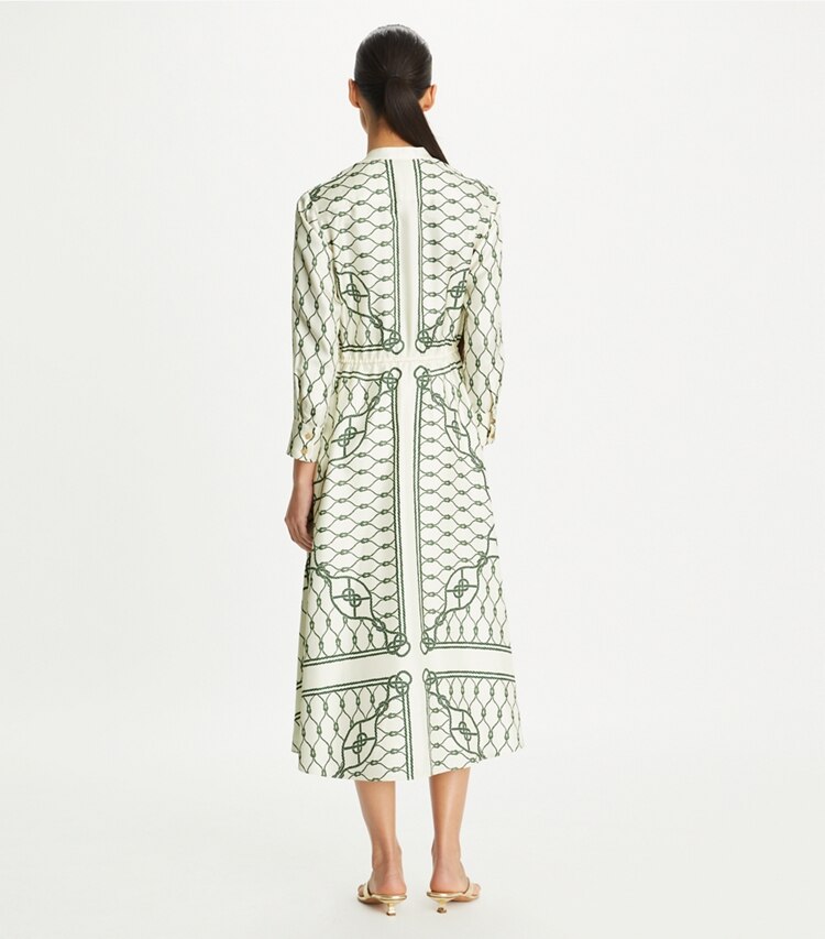 Tory Burch designer dresses Printed Silk Shirtdress in Green Rope on model back