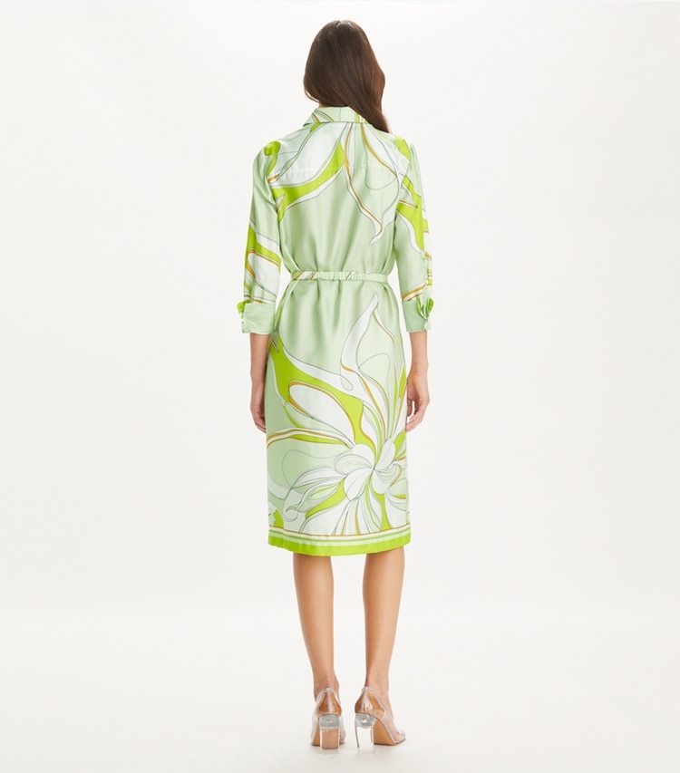 Tory Burch designer dresses Printed Silk Shirtdress in Chartreuse Twisty Flower on model back