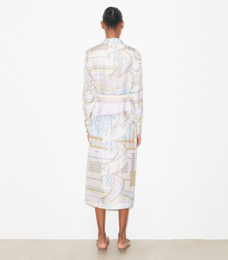 Tory Burch designer dresses Printed Silk Shirtdress in The Pool Beige on model back