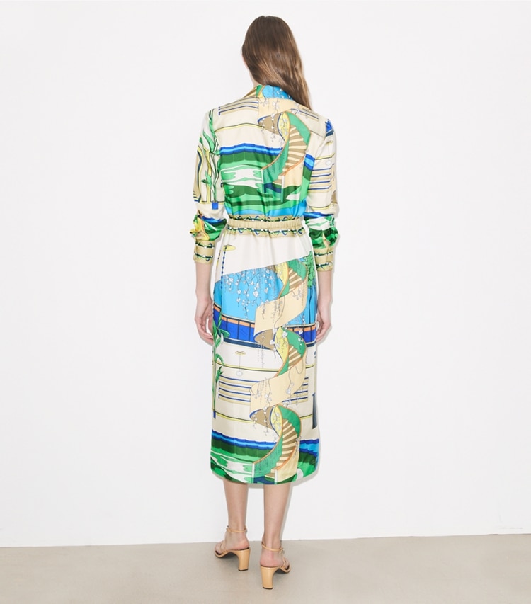Tory Burch designer dresses Printed Silk Shirtdress in The Pool Blue on model back