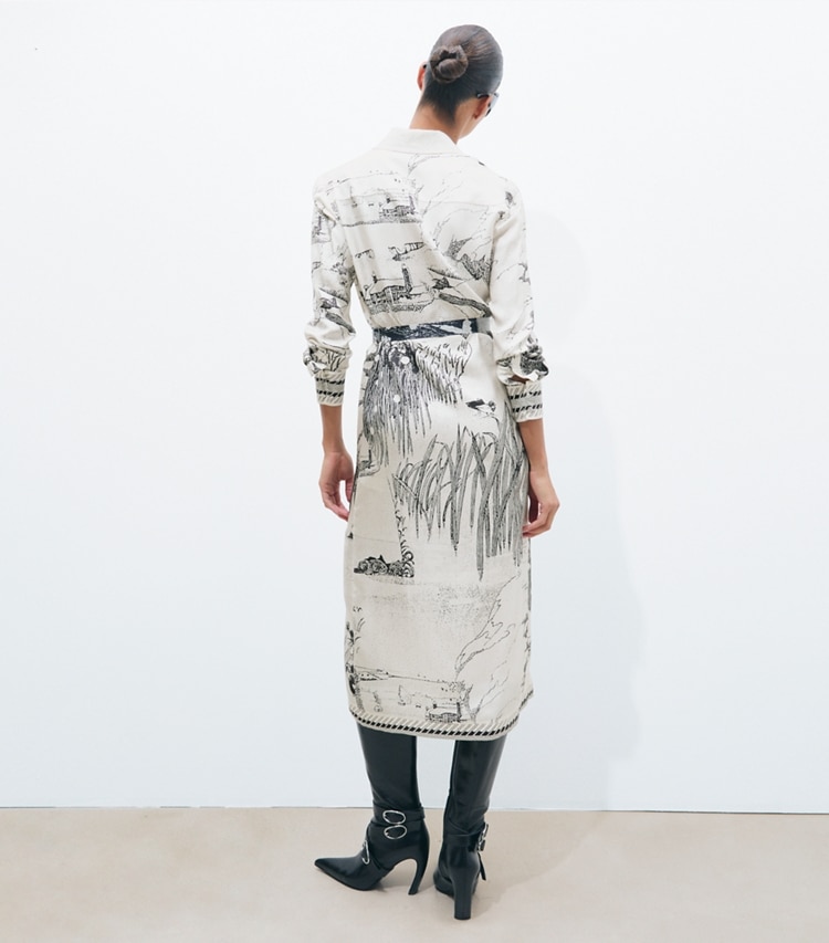 Tory Burch designer dresses Printed Silk Shirtdress in Beige Forest on model back