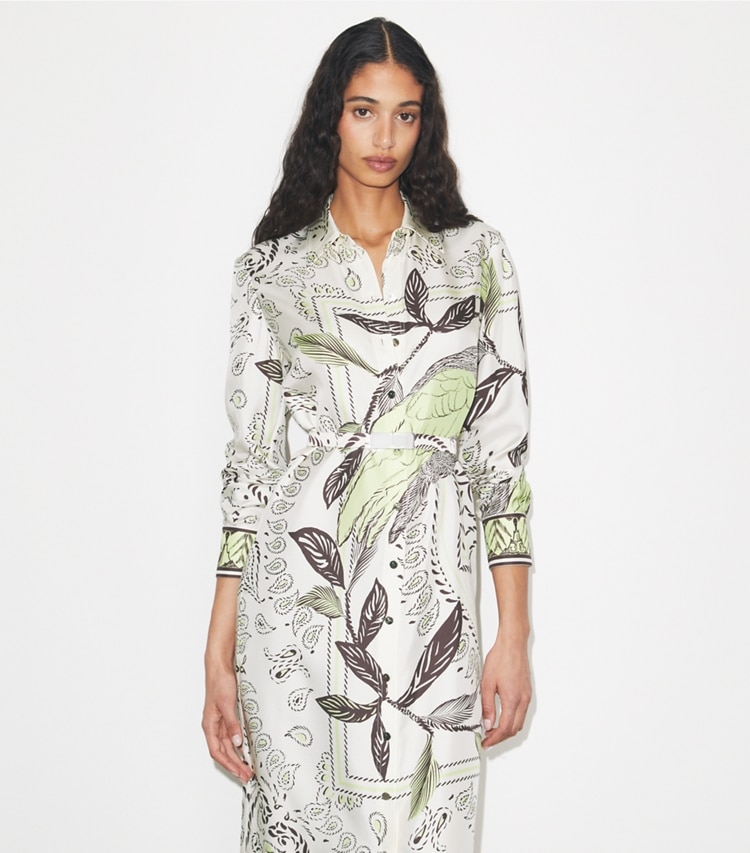 Tory Burch designer dresses Printed Silk Shirtdress in Mint Cockatoo on model detail