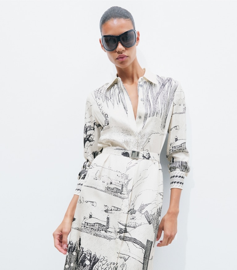Tory Burch designer dresses Printed Silk Shirtdress in Beige Forest on model detail