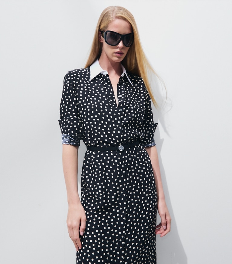Tory Burch designer dresses Printed Silk Shirtdress in Black Dot on model detail