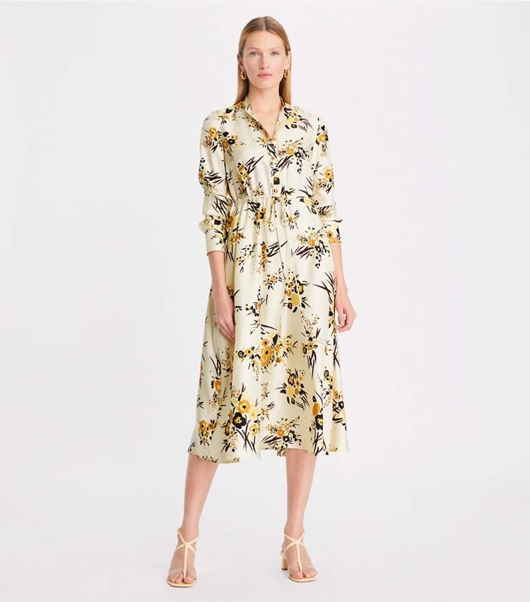 Tory Burch designer dresses Printed Silk Shirtdress in French Cream Multi on model front