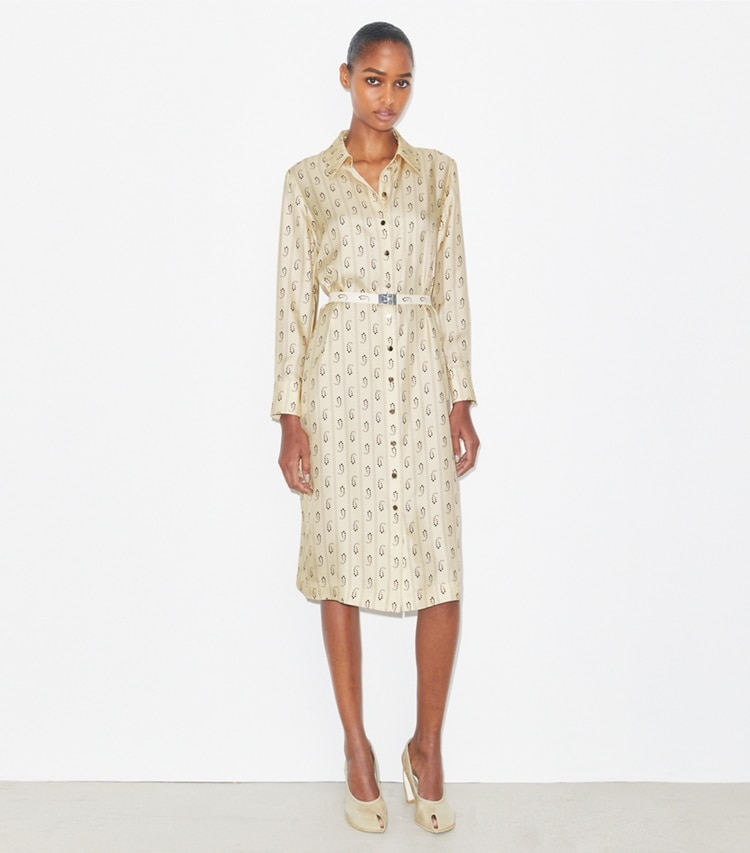 Tory Burch designer dresses Printed Silk Shirtdress in Playa Pajama Print on model front