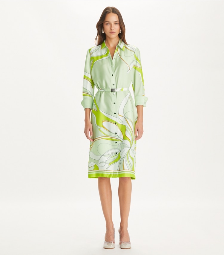 Tory Burch designer dresses Printed Silk Shirtdress in Chartreuse Twisty Flower on model front