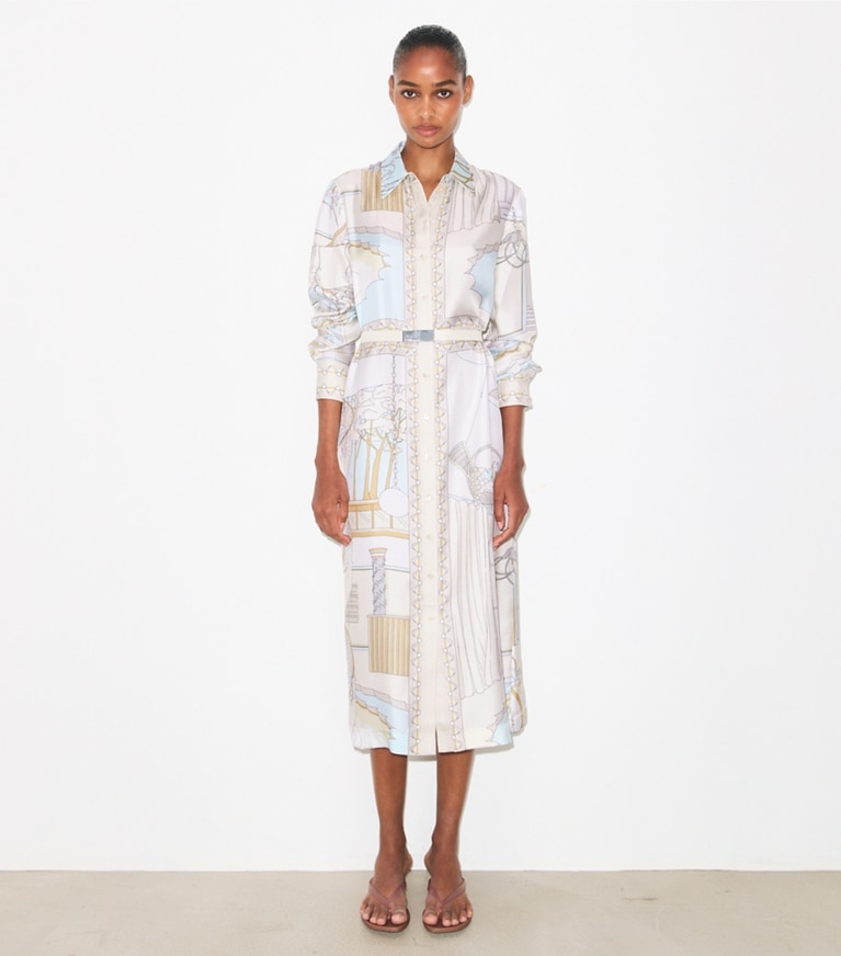 TORYBURCH トリーバーチ シルク100%シャツワンピース 絹 半袖 プリント シルク シャツドレス: レディース ワンピース | Tory Burch JP
