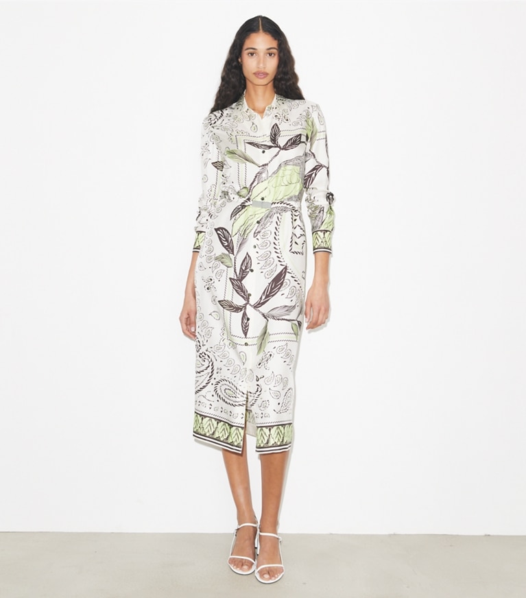 Tory Burch designer dresses Printed Silk Shirtdress in Mint Cockatoo on model front