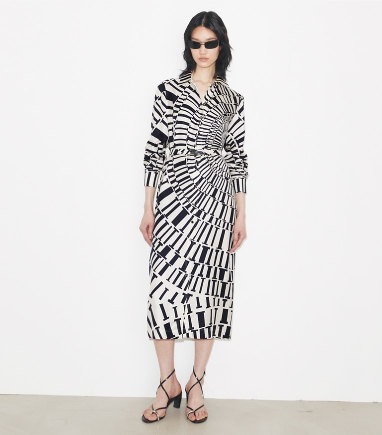 Tory Burch designer dresses Printed Silk Shirtdress in Medium Navy Circle T on model front