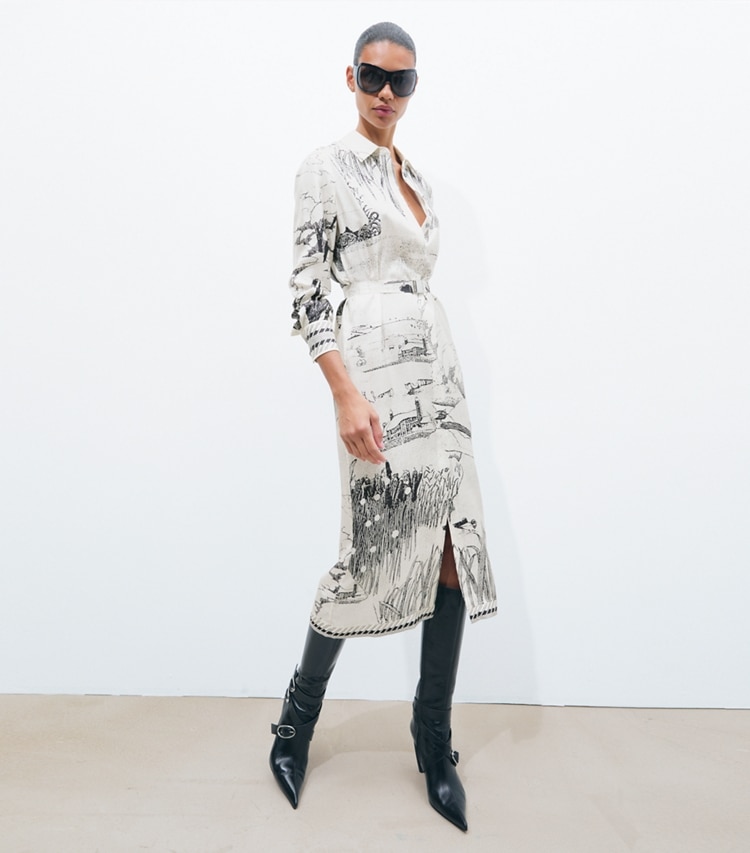 Tory Burch designer dresses Printed Silk Shirtdress in Beige Forest on model front
