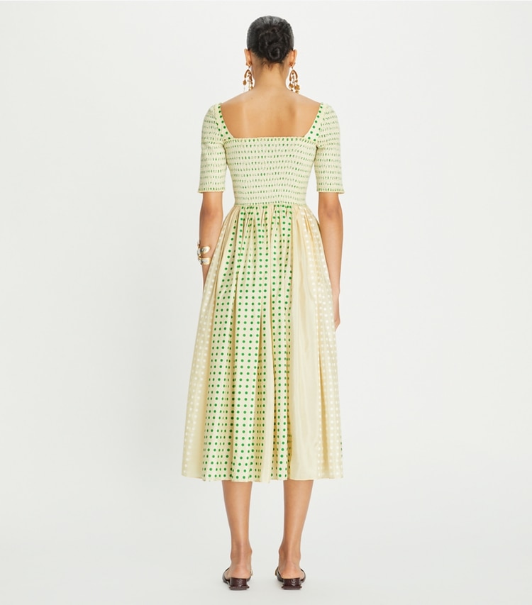 Tory Burch designer dresses Printed Silk Smocked Dress in Green Polka Dot on model back