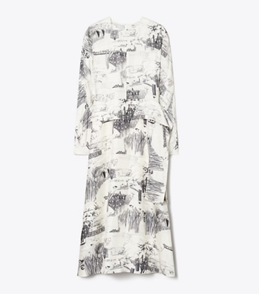 Tory Burch designer dresses Printed Silk Tie-Waist Dress in Ivory Forest front