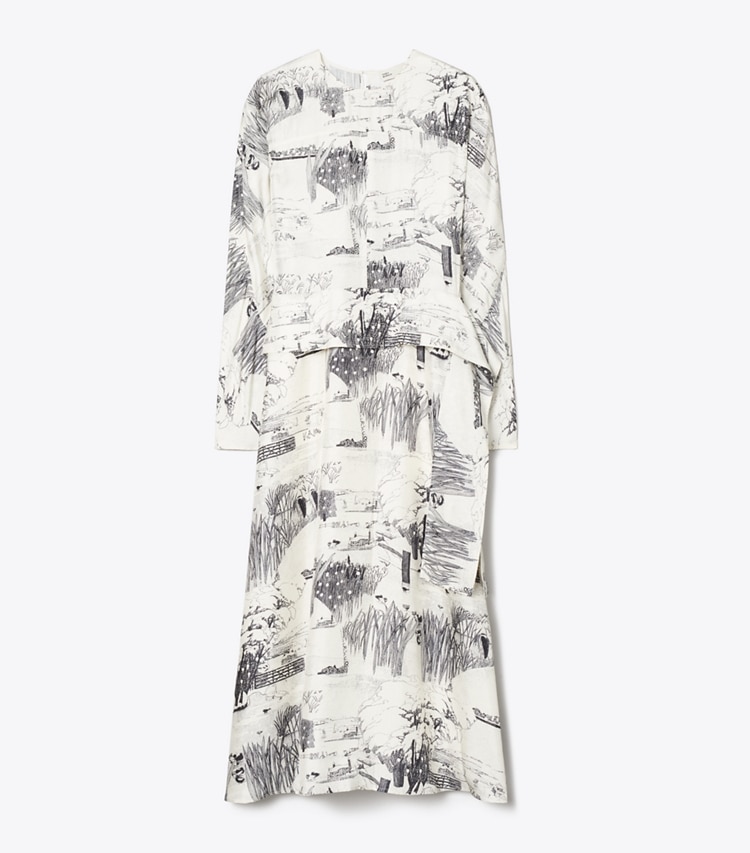 Tory Burch designer dresses Printed Silk Tie-Waist Dress in Ivory Forest front