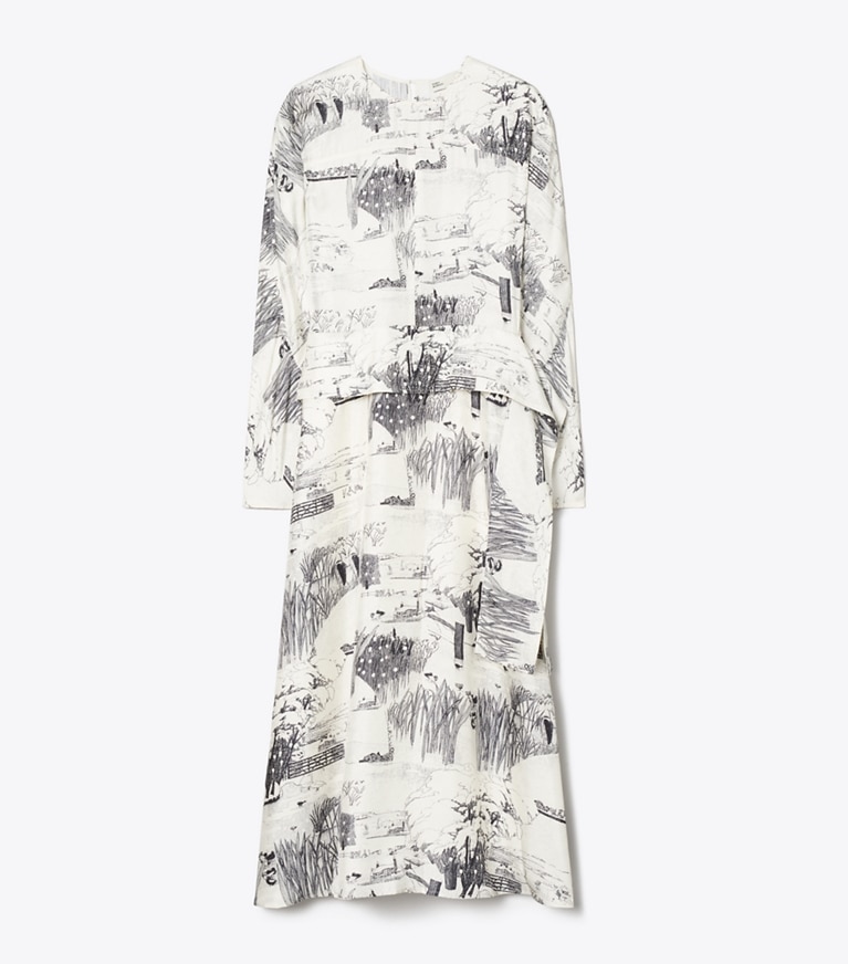 Tory Burch designer dresses Printed Silk Tie-Waist Dress in Ivory Forest front