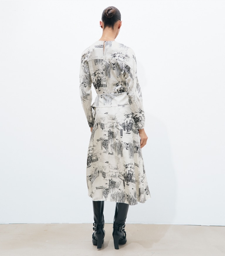 Tory Burch designer dresses Printed Silk Tie-Waist Dress in Ivory Forest on model back