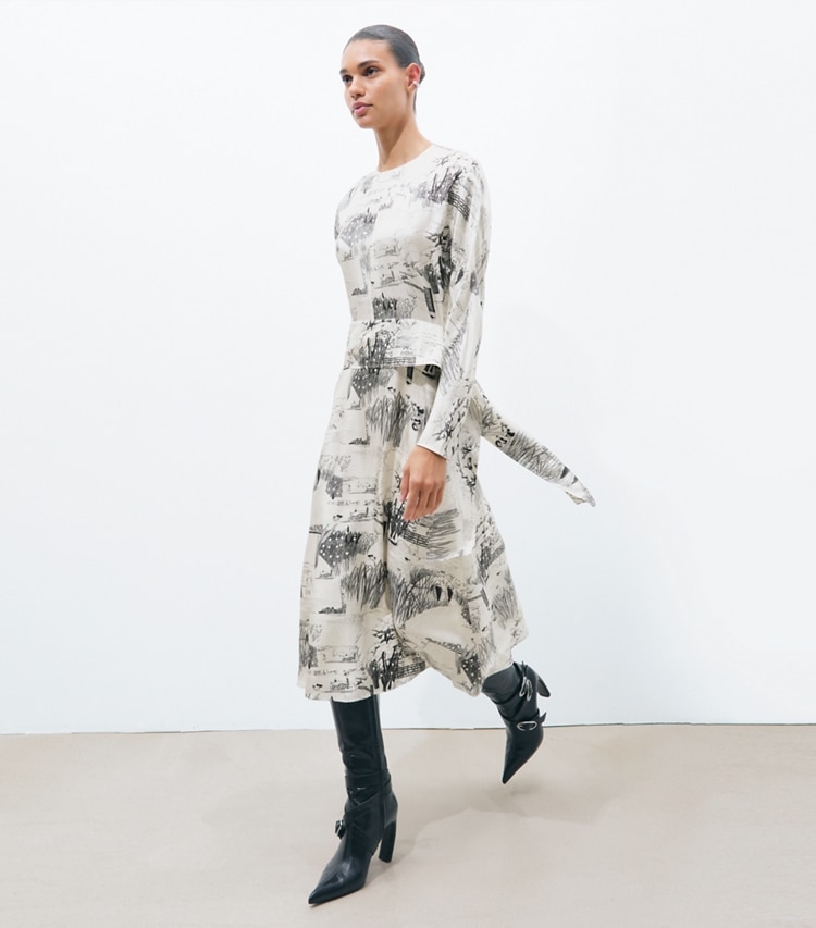 Tory Burch designer dresses Printed Silk Tie-Waist Dress in Ivory Forest on model front