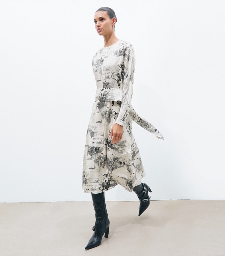 Tory Burch designer dresses Printed Silk Tie-Waist Dress in Ivory Forest on model front