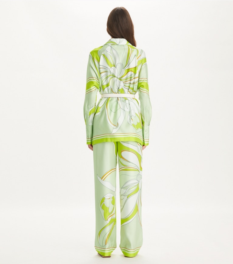 Tory Burch designer tops Printed Silk Tunic in Chartreuse Twisty Flower front