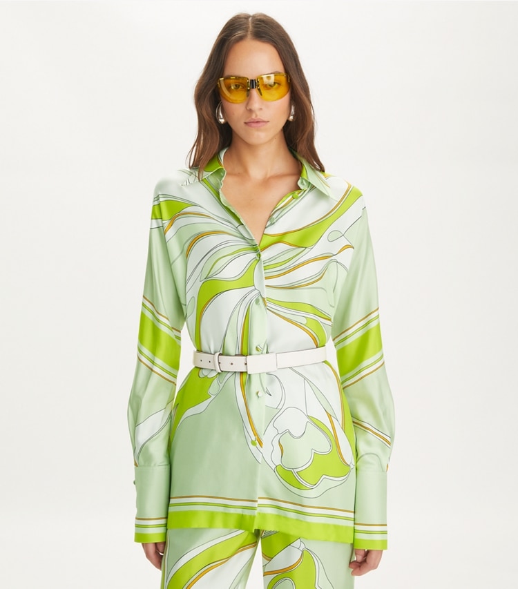 Tory Burch designer tops Printed Silk Tunic in Chartreuse Twisty Flower on model detail