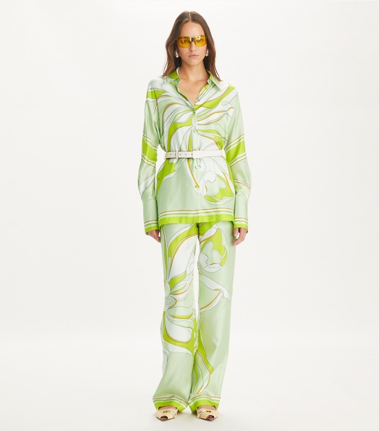 Tory Burch designer tops Printed Silk Tunic in Chartreuse Twisty Flower on model front