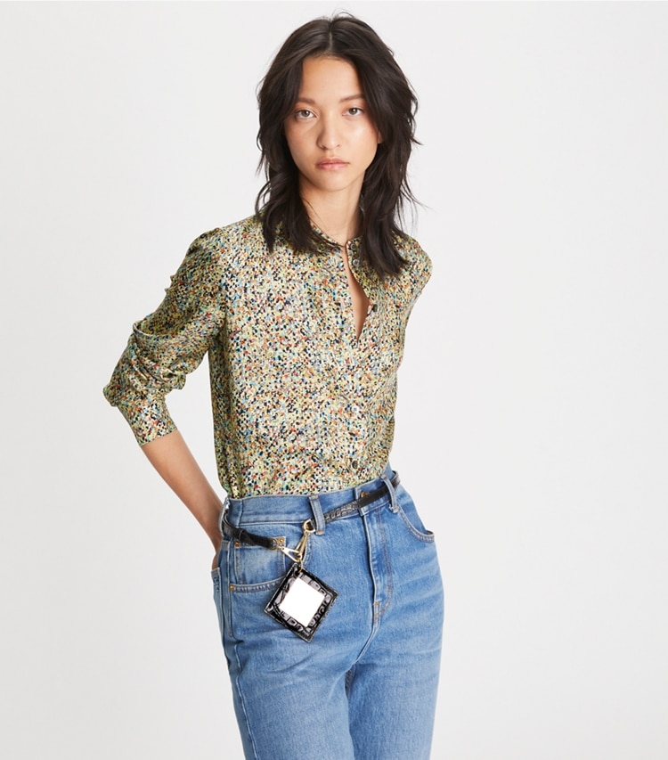 Tory Burch designer tops Printed Silk Twill Blouse in Bright Horizon on model detail