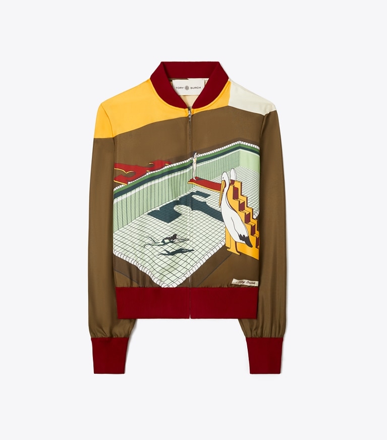 Tory Burch designer jackets Printed Silk Twill Bomber in Multi front