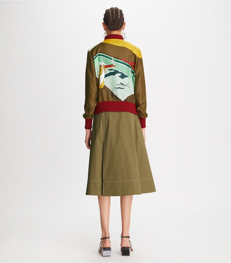 Tory Burch designer jackets Printed Silk Twill Bomber in Multi front
