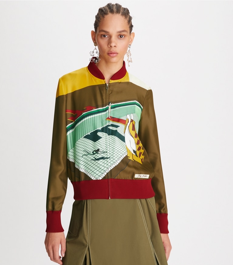 Tory Burch designer jackets Printed Silk Twill Bomber in Multi front