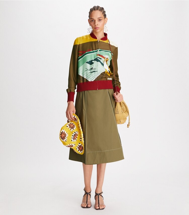 Tory Burch designer jackets Printed Silk Twill Bomber in Multi on model front