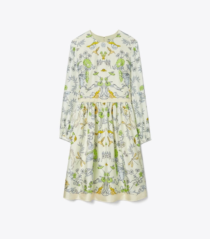 Tory Burch designer dresses Printed Silk Twill Dress in Beige Rabbit Field front