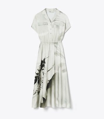 Tory Burch designer dresses Printed Silk Twill Shirtdress in Gray Bee front