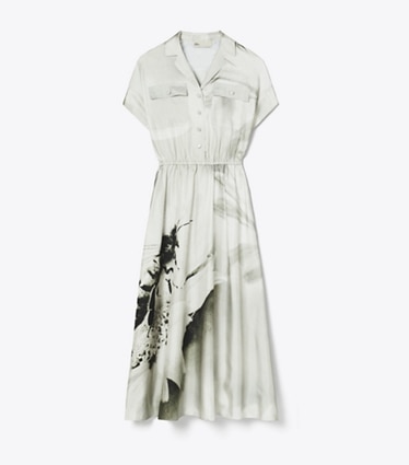 Tory Burch designer dresses Printed Silk Twill Shirtdress in Gray Bee front