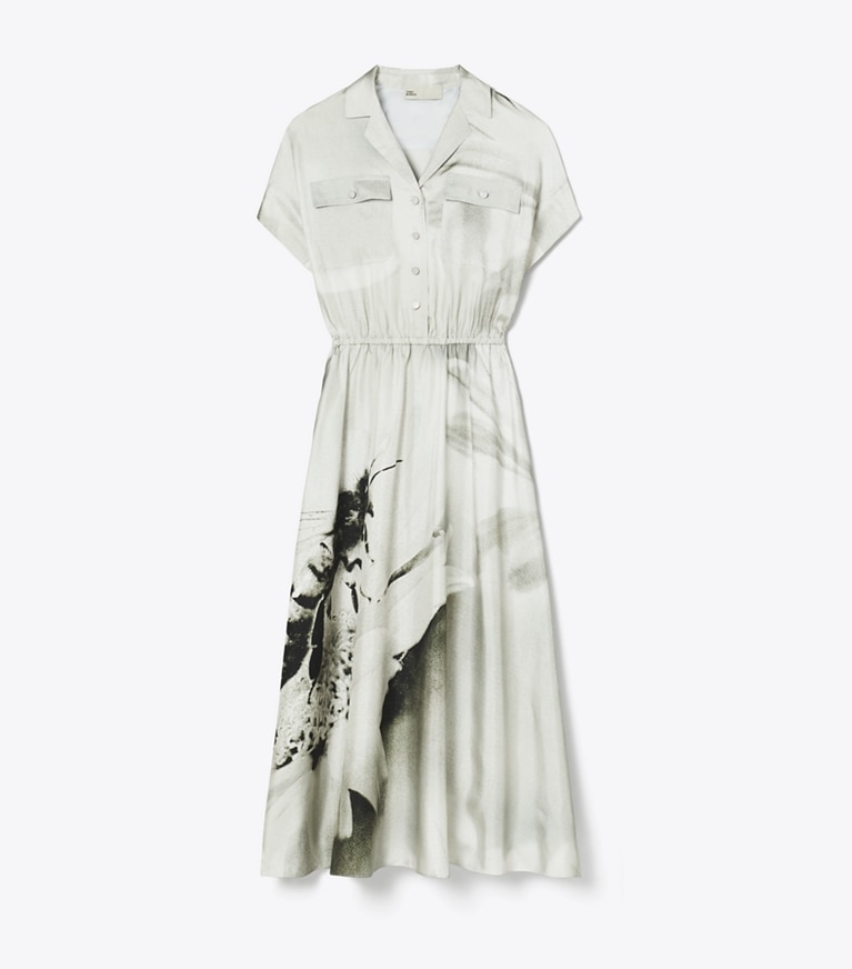 Tory Burch designer ドレス プリント シルクツイル シャツドレス in Gray Bee front