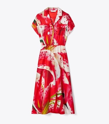 Tory Burch designer dresses Printed Silk Twill Shirtdress in Pink Lily front