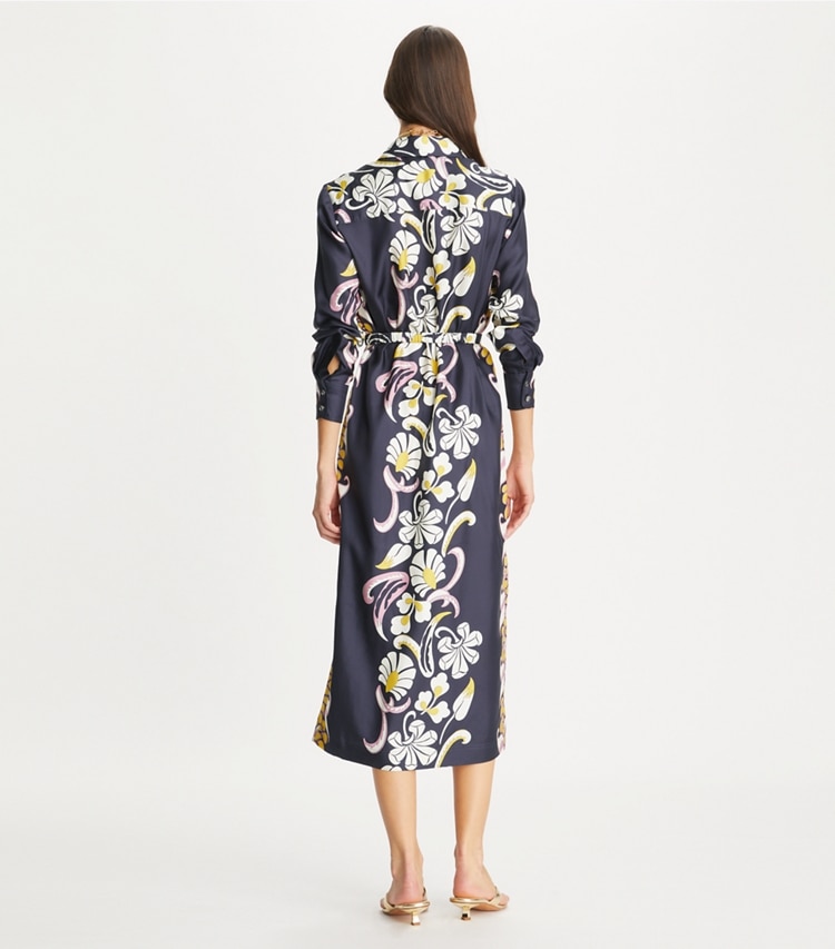 Tory Burch designer dresses Printed Silk Twill Shirtdress in Pink Tropical Border on model back