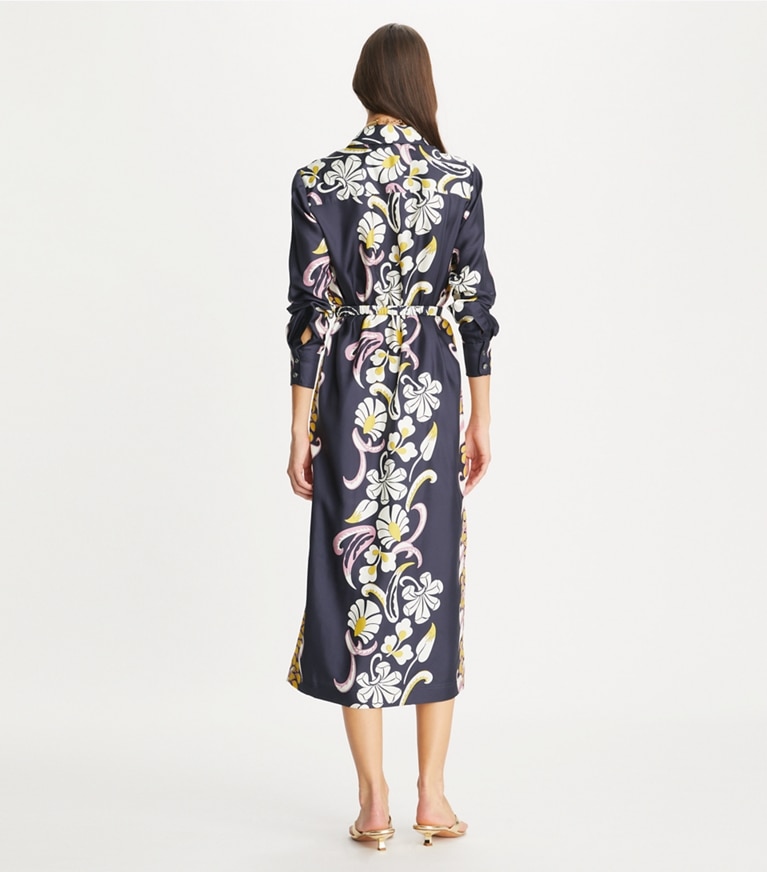 Tory Burch designer dresses Printed Silk Twill Shirtdress in Pink Tropical Border on model back