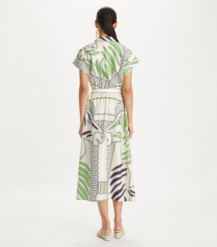 Tory Burch designer ドレス プリント シルクツイル シャツドレス in Ivory Zebra on model back