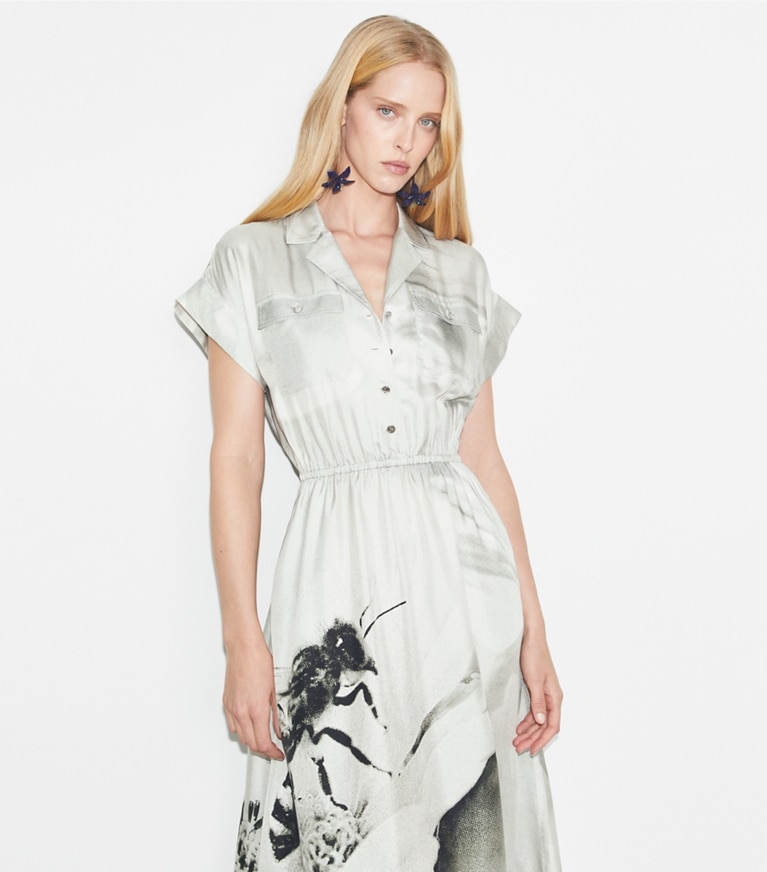 Tory Burch designer ドレス プリント シルクツイル シャツドレス in Gray Bee front